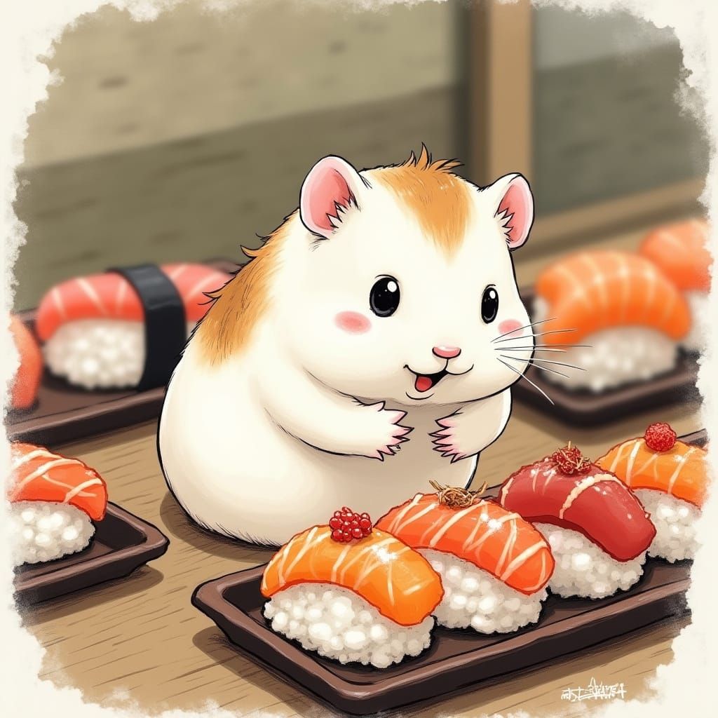 Whimsical Sushi Hamster in Traditional Japanese Art Style