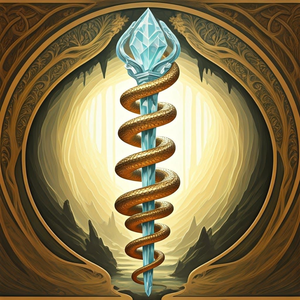 Golden Serpent Coiled Around Crystal Staff in Art Nouveau
