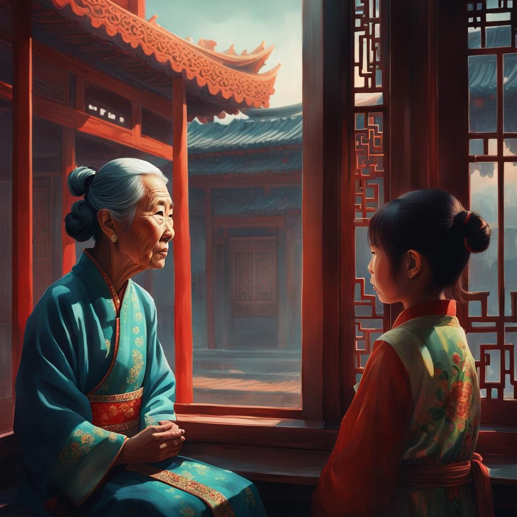 Poignant Reflection: Old Woman and Child in Watercolor