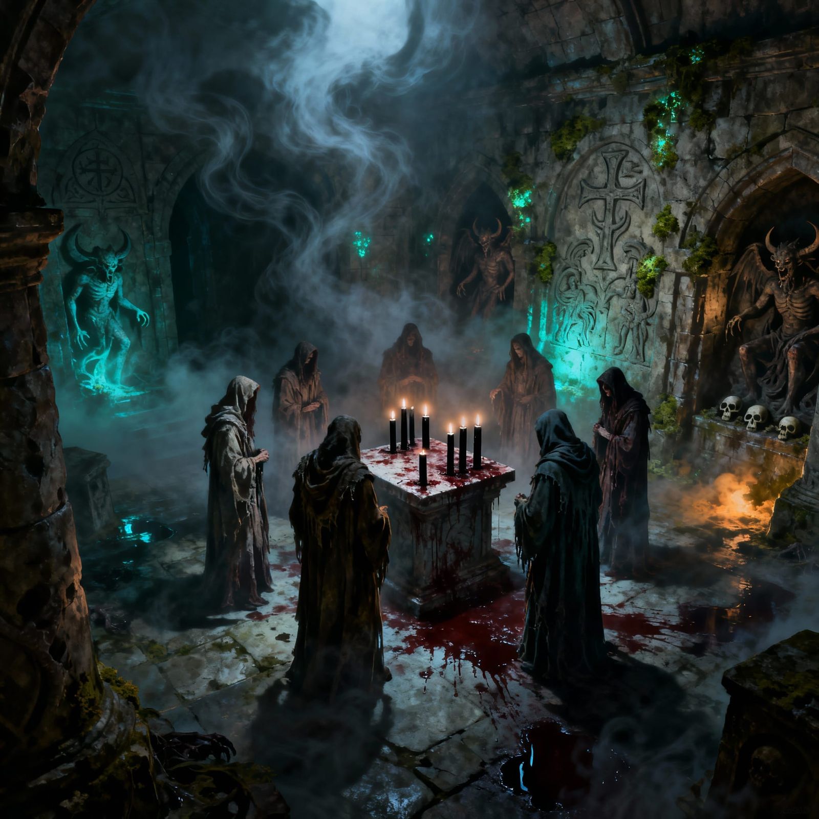 Satanic Ritual in Crypt, Macabre Horror Style
