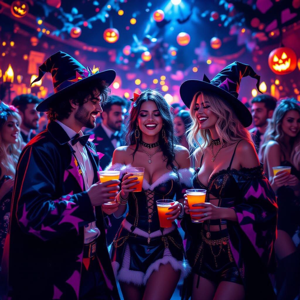 Halloween Party with Costumed Students, Digital Painting