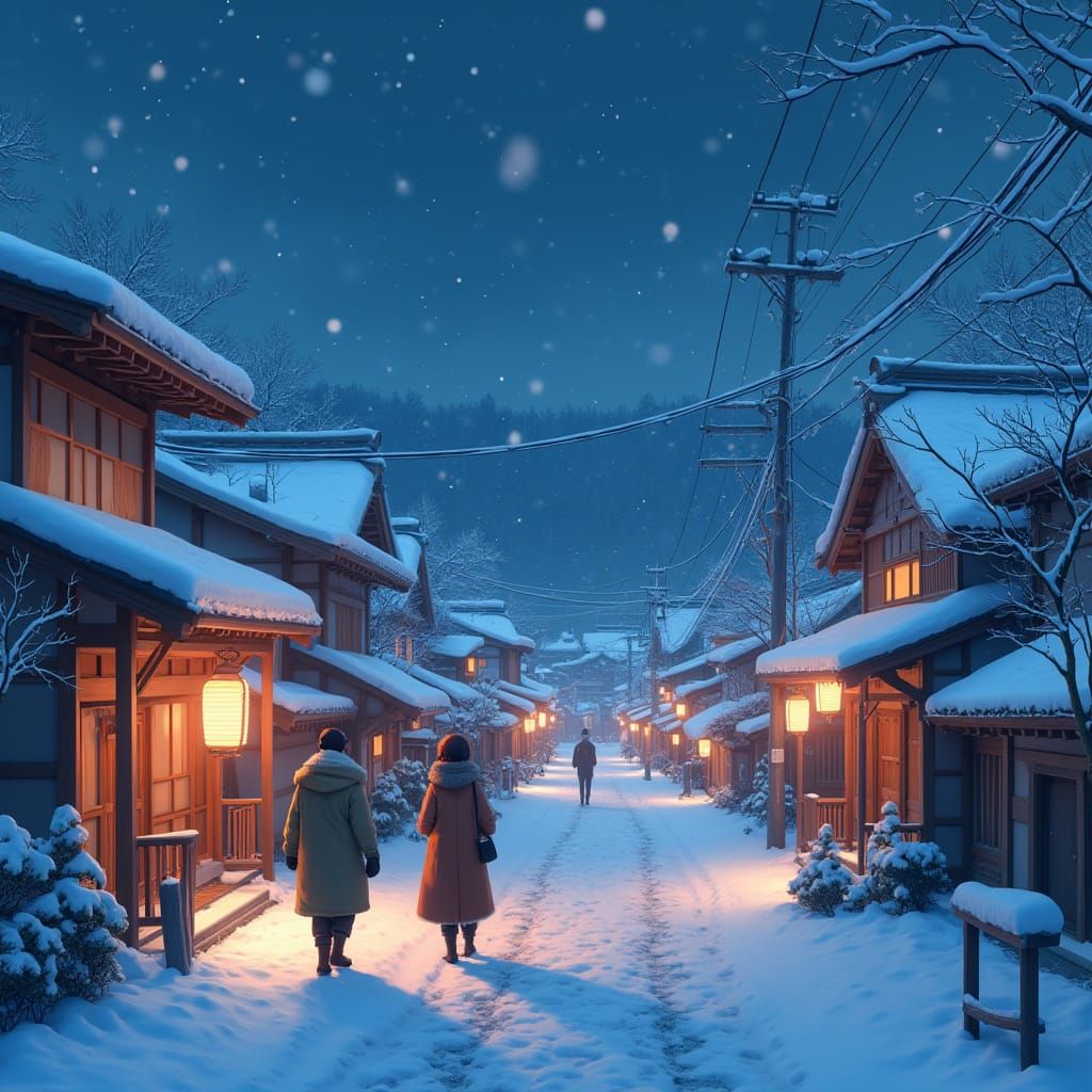 Snowy Japanese Village at Night in Vibrant Colors