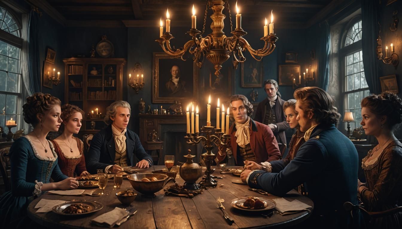 Candlelit Gathering in 1700s Home: Detailed Matte Painting