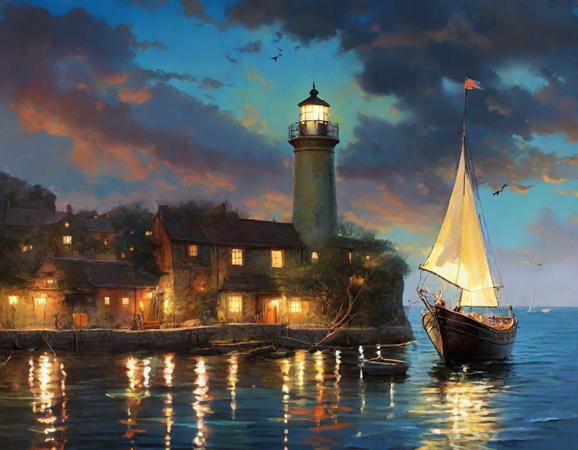 Pirate Ship Drifts to Lighthouse: Oil Painting