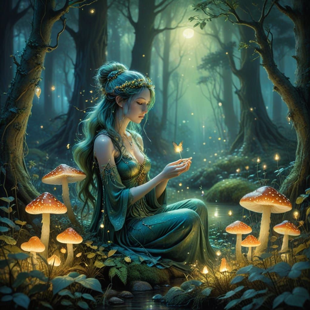 forest dryad girl pets her chibi neko fey creatures