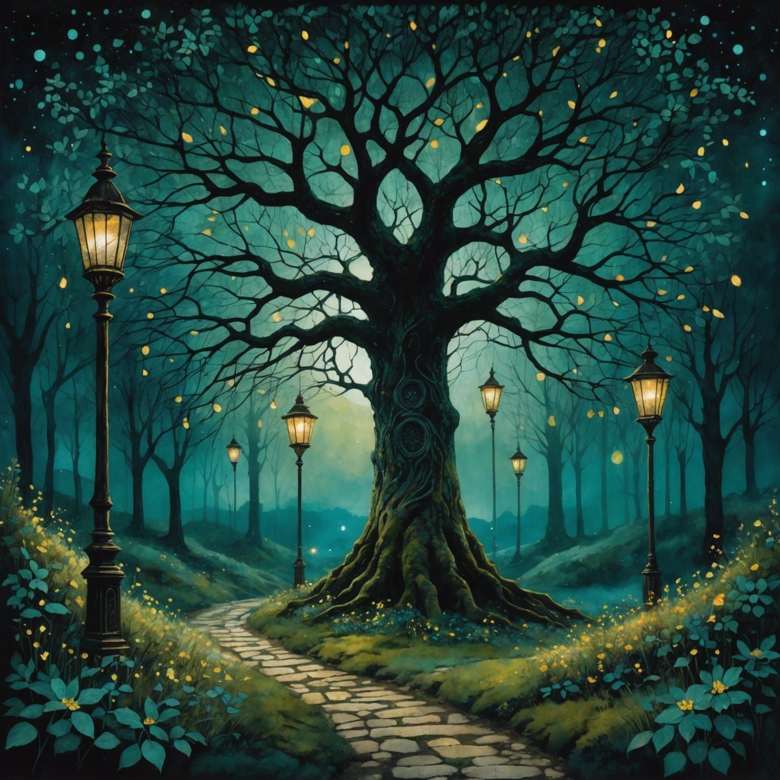 Flowering Yggdrasil in Moonlit Art Brut Style