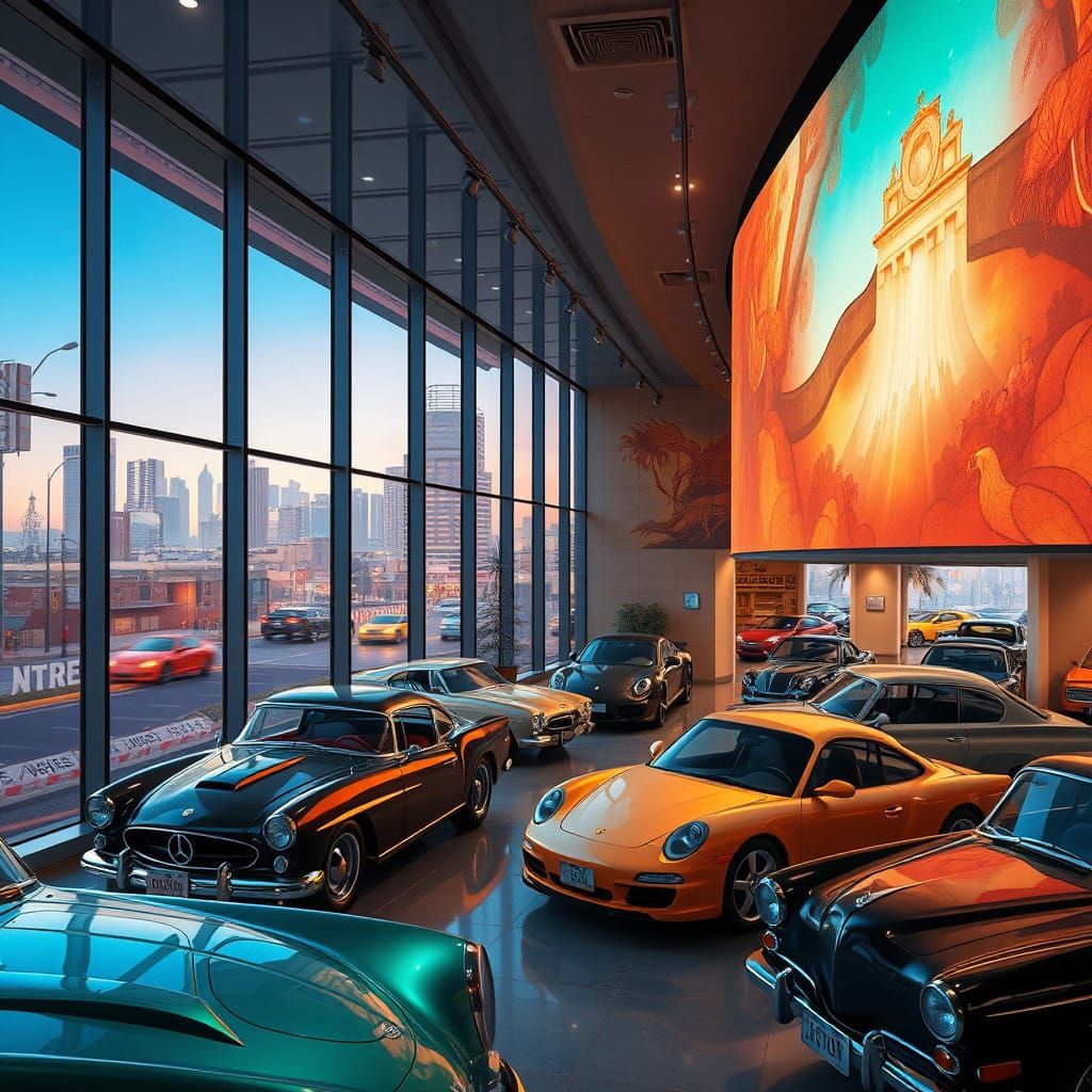 Bustling Los Angeles Car Showroom in Vibrant Concept Art
