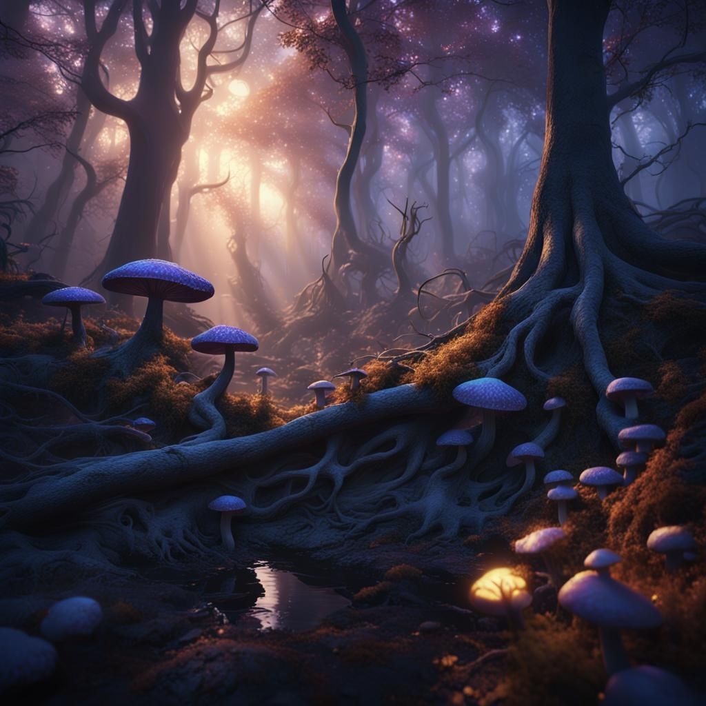 Mystical Forest at Dusk in Dark Fantasy Style