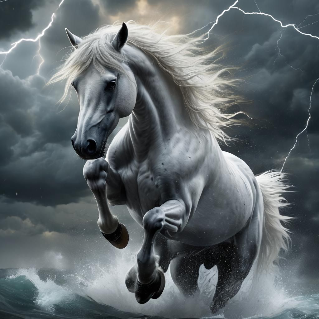 Stallion Charges Through Storm: Hyper-Realistic Fantasy Art