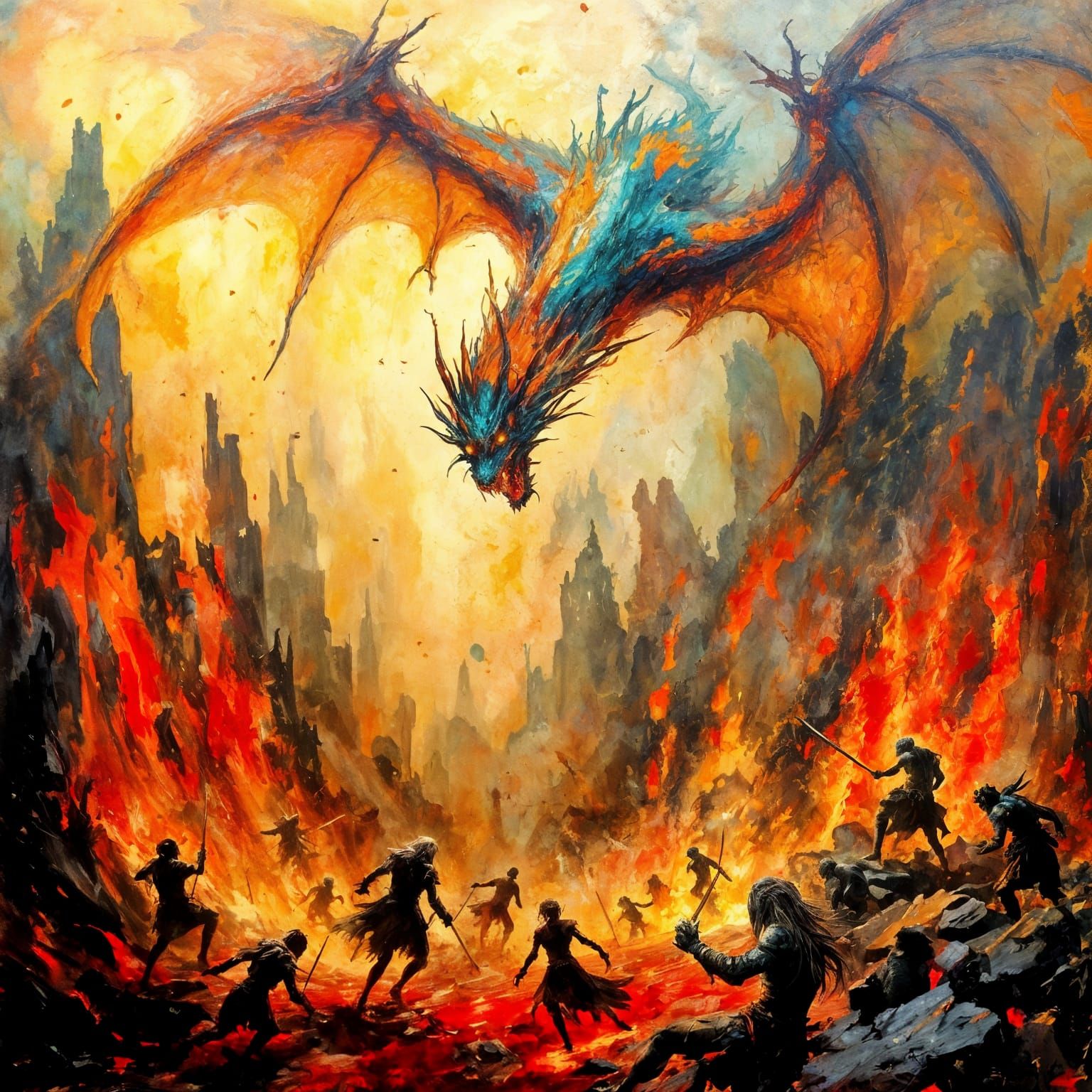 Epic Oil Painting of a Dragon in Hellish Battle