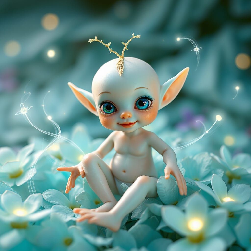 Aether Elf in a Field of Turquoise Flowers