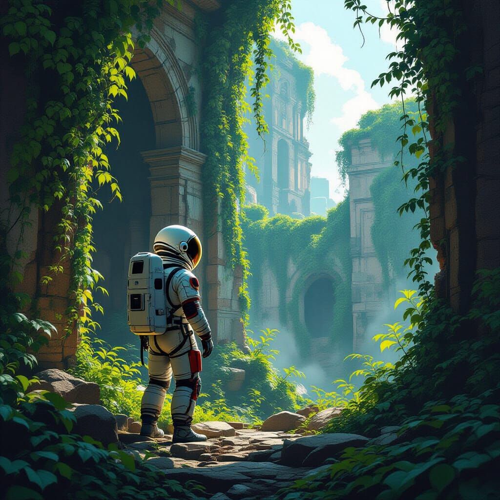 Astronaut Explores Ancient Ruins with Lush Vines