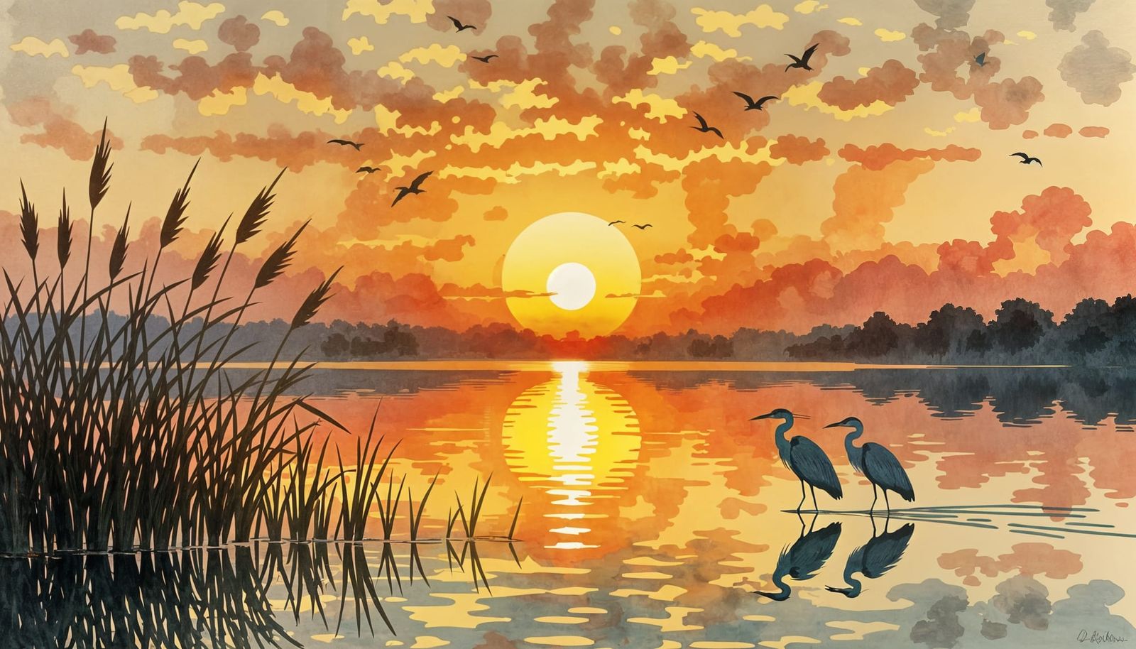 Sunset Over Lake: Japanese-Style Mixed Media Art