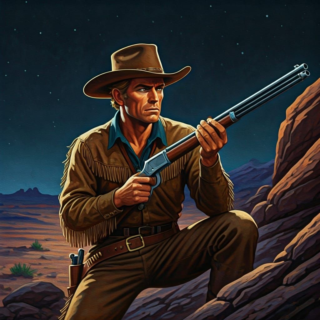 Cowboy Creeping Through Desert: Impressionistic Oil Painting