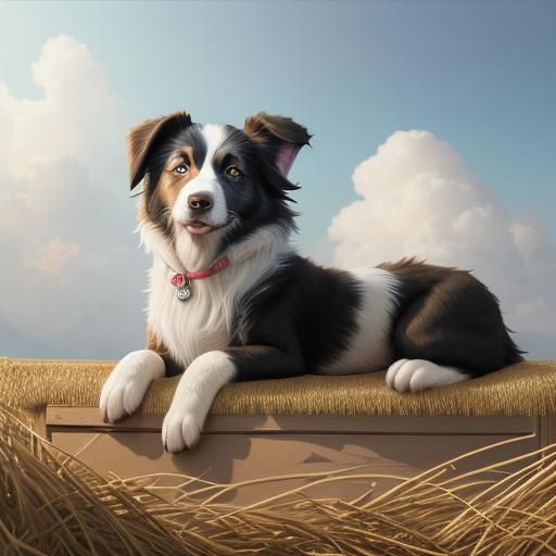 steampunk Border Collie pup, sleeping in straw, soctane rend...