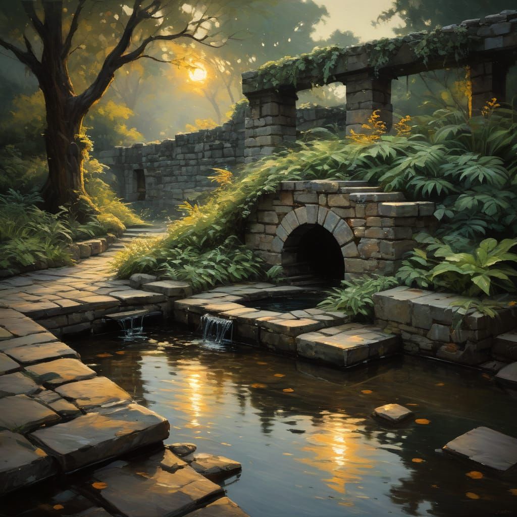 Moonlit Well: Atmospheric Oil Painting