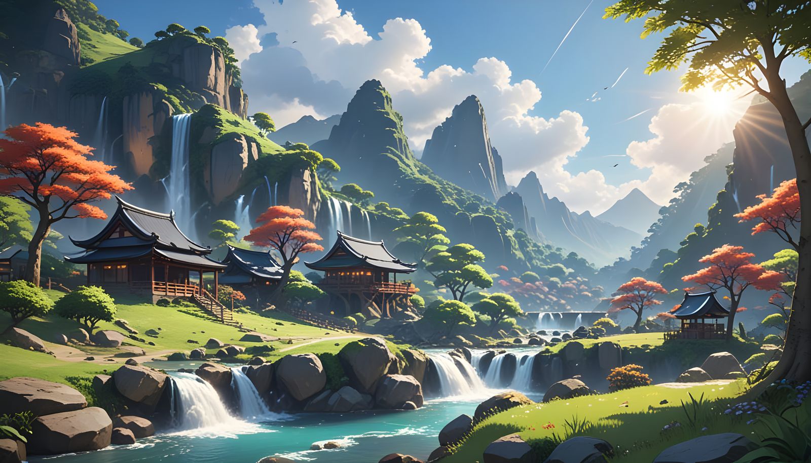 Surreal Anime Village in a Lush Valley