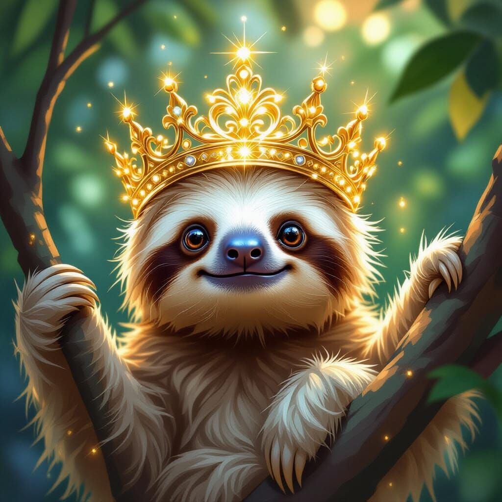 Cute Sloth in Golden Code Crown Digital Painting