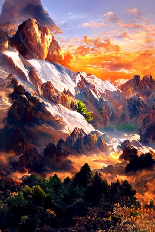 Majestic Mountain Landscape Painting with Sun Rays