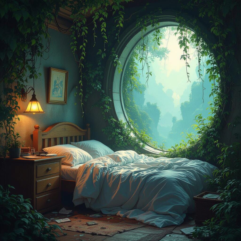 Ethereal Portal Opens in Dim Bedroom, Fantasy Art