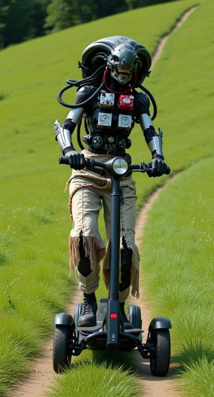 Person Riding E-Scooter on Grassy Hill Path