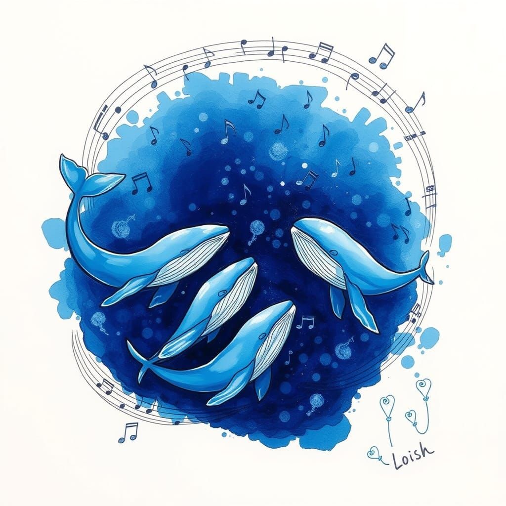 Blue Whales Sing in Whimsical Underwater Sketch