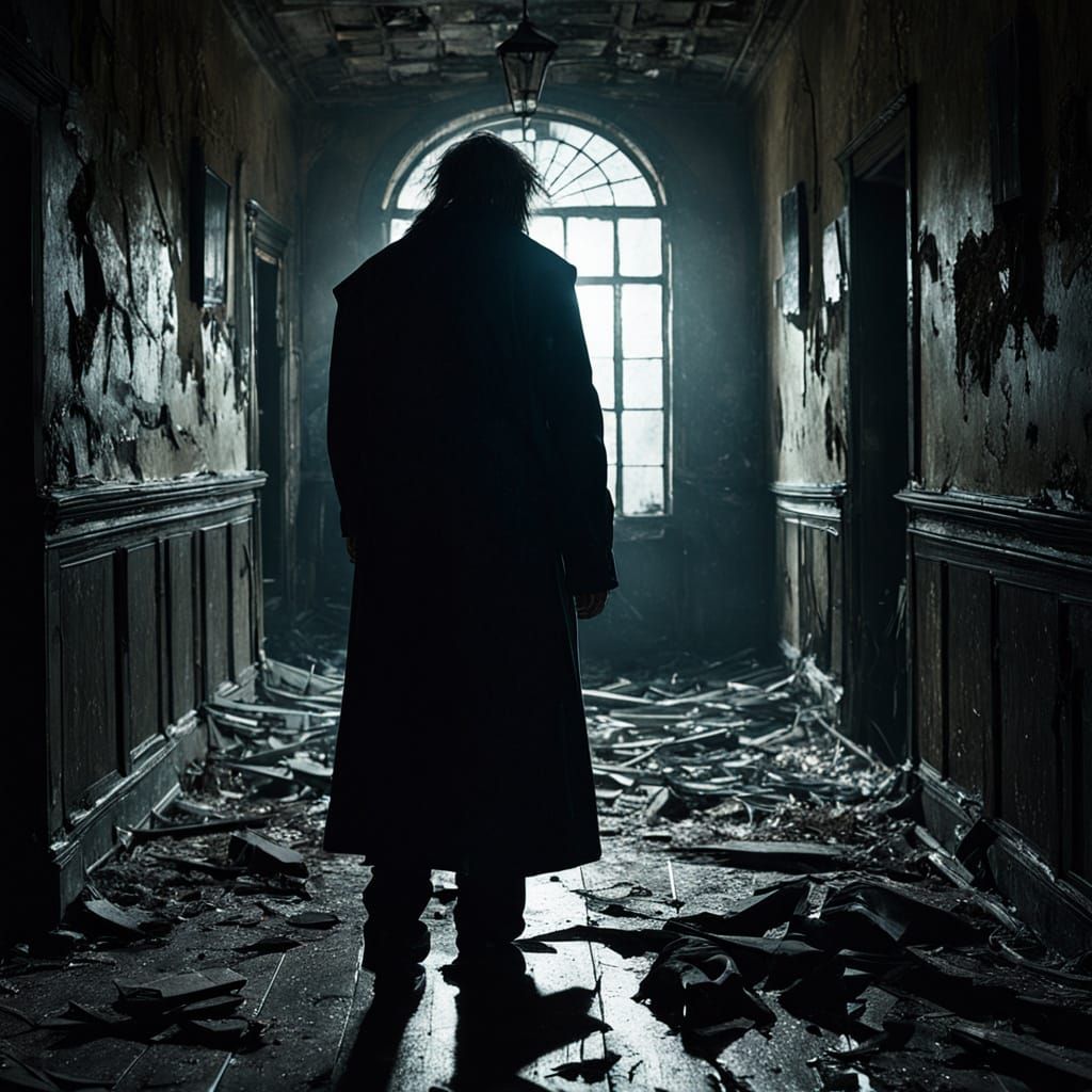 Eerie Figure in Abandoned Victorian Manor: Dark Fantasy