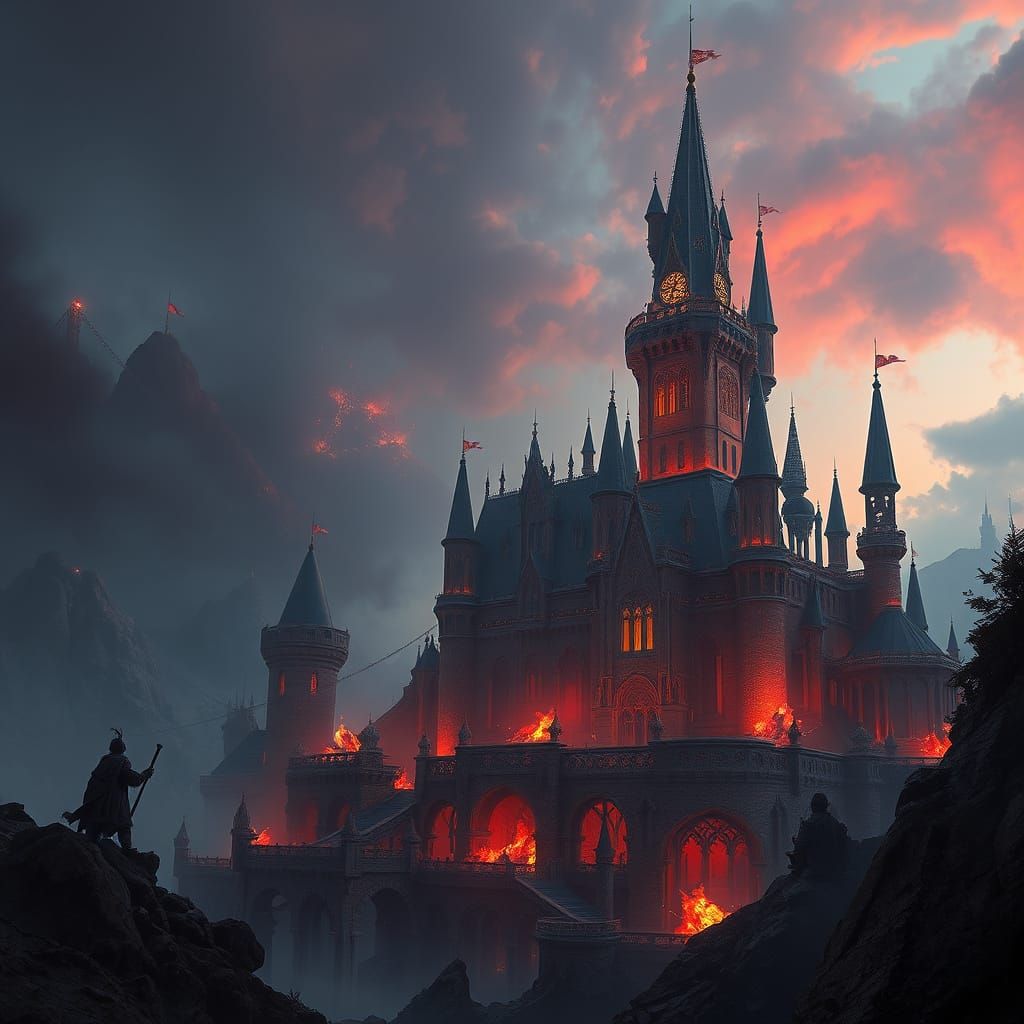 Fantastical Castle Under Siege in Dramatic, High-Contrast Co...