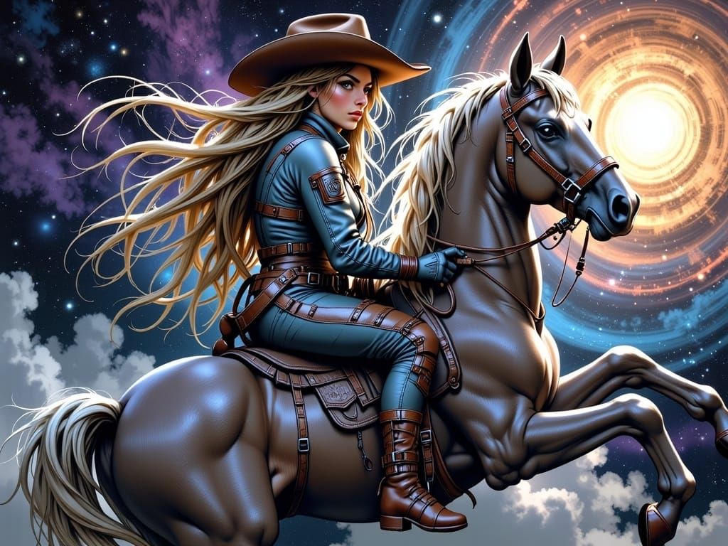 Astronaut Cowboy Rides Horse Through Space as Oil Painting