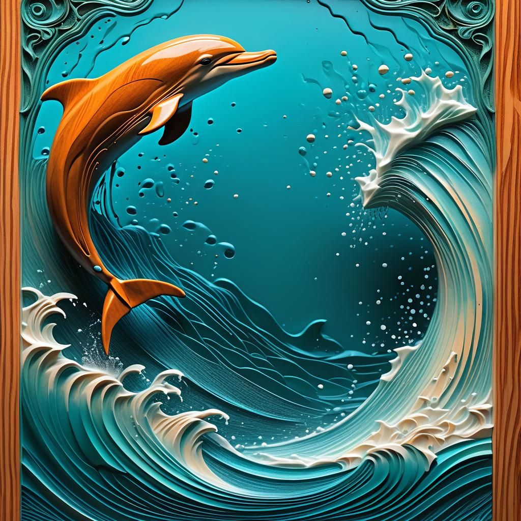Wood relief carving of a a dolphin jumping out of the ocean #4