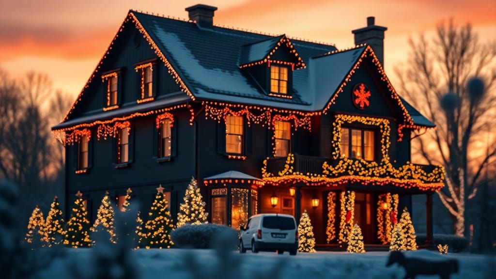 A Majestic Black House Sparkles with Vibrant Christmas Light...