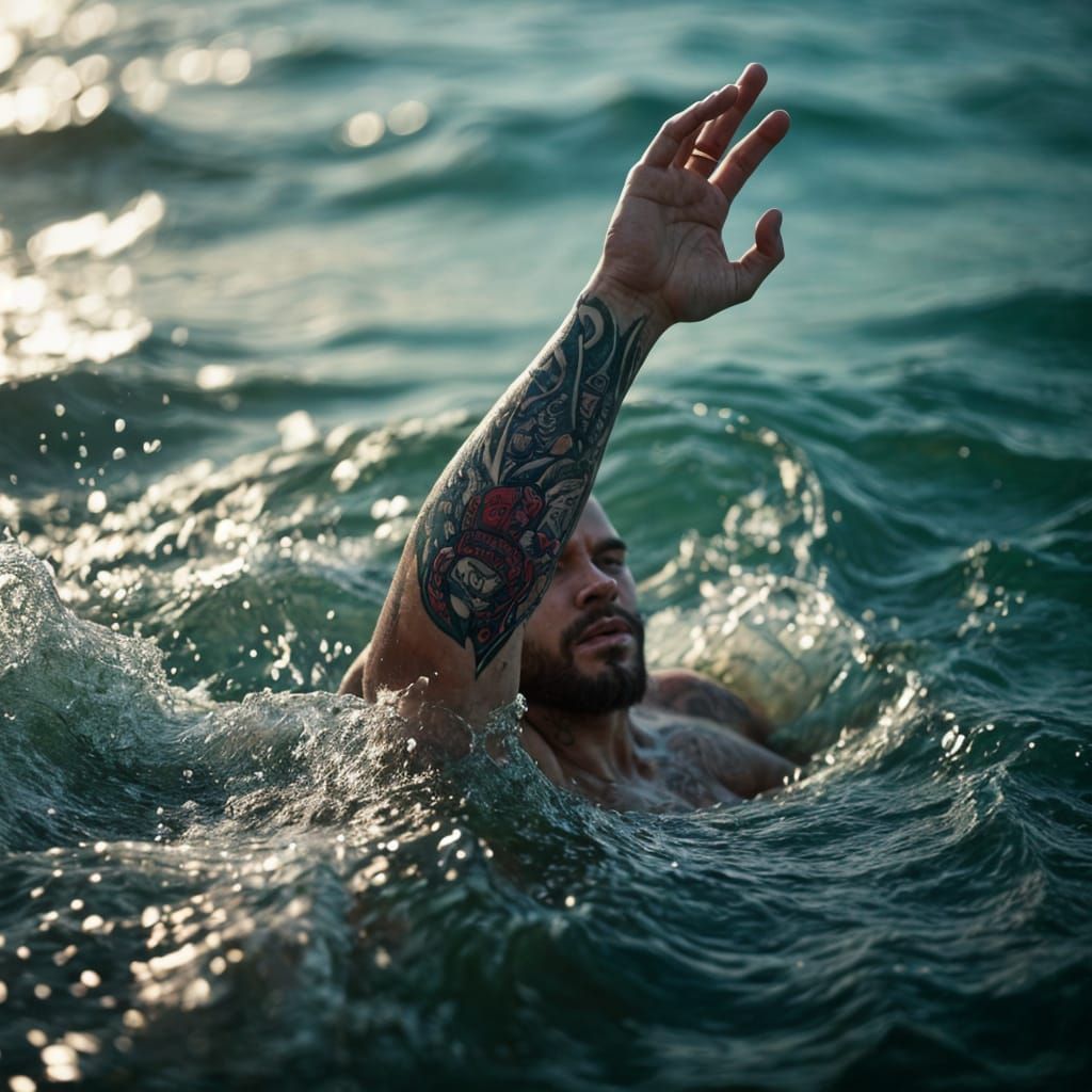 Tattooed Arm Reaching from Rough Waters: Cinematic Still