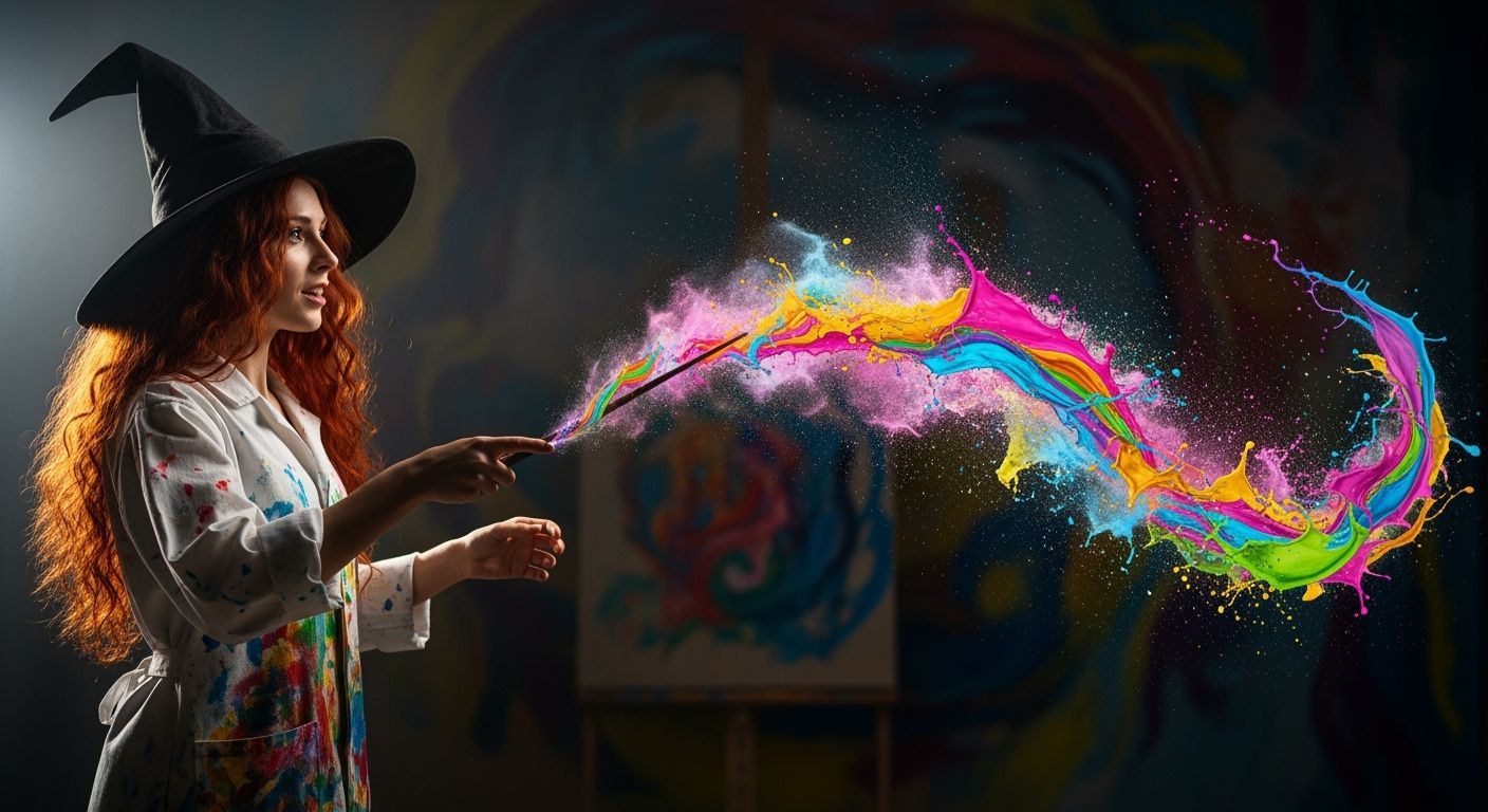 Witch Creates Swirling Paint Masterpiece with Magic Wand