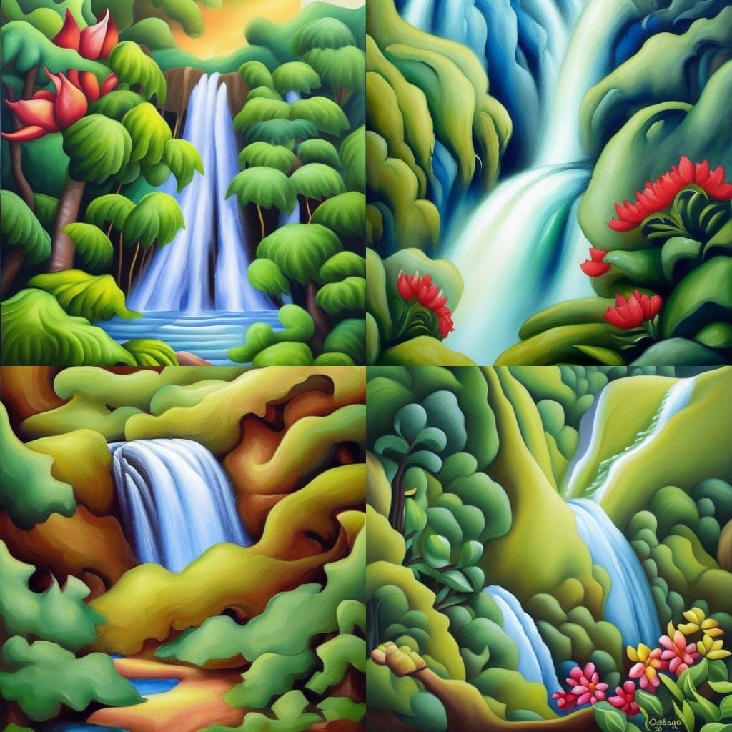 Waterfall with Wildflowers: Impressionist Gouache Watercolor