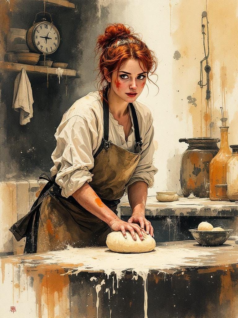 Redhead Baker Kneading Dough, Sumi-e Style