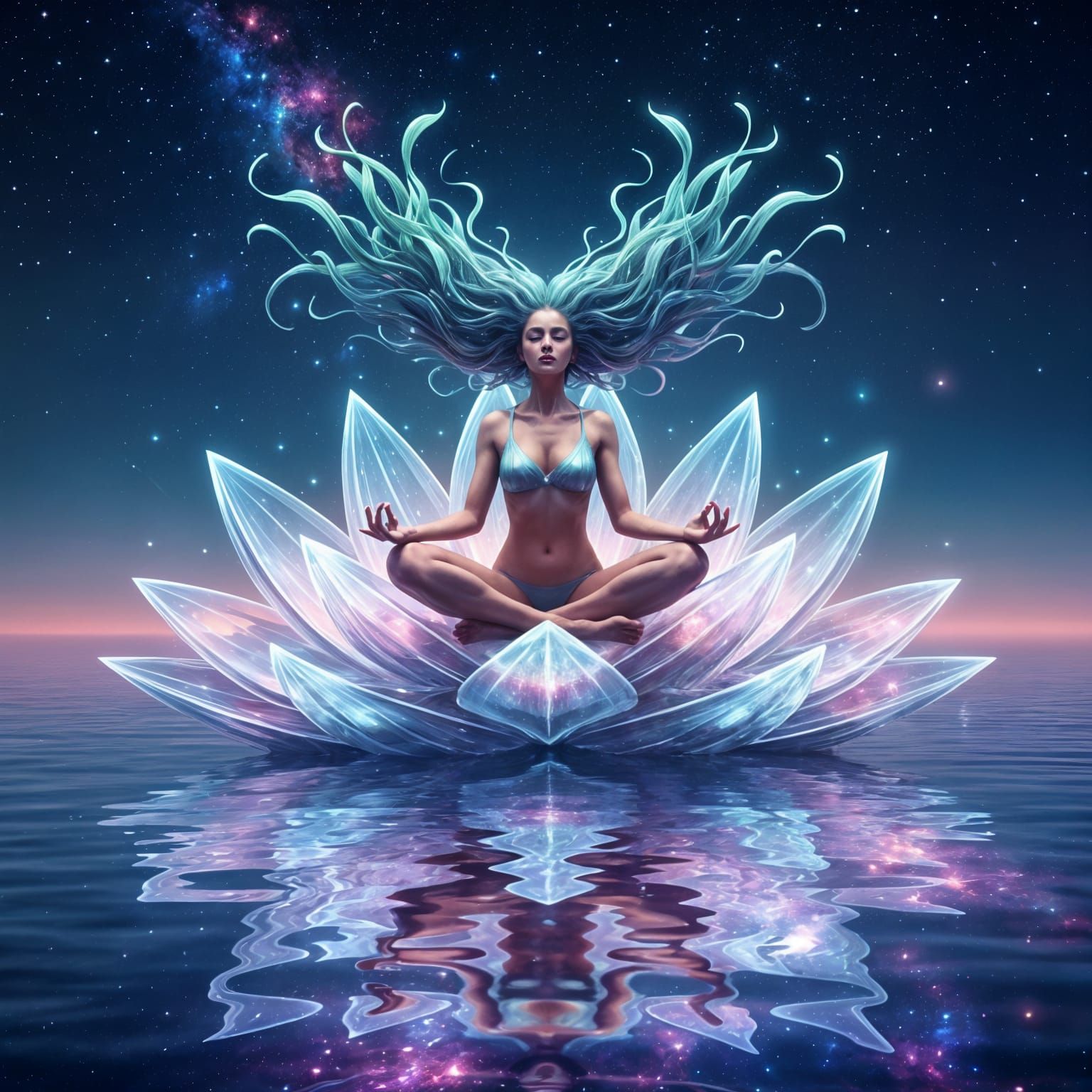 Ethereal Woman Meditating on Cosmic Lotus