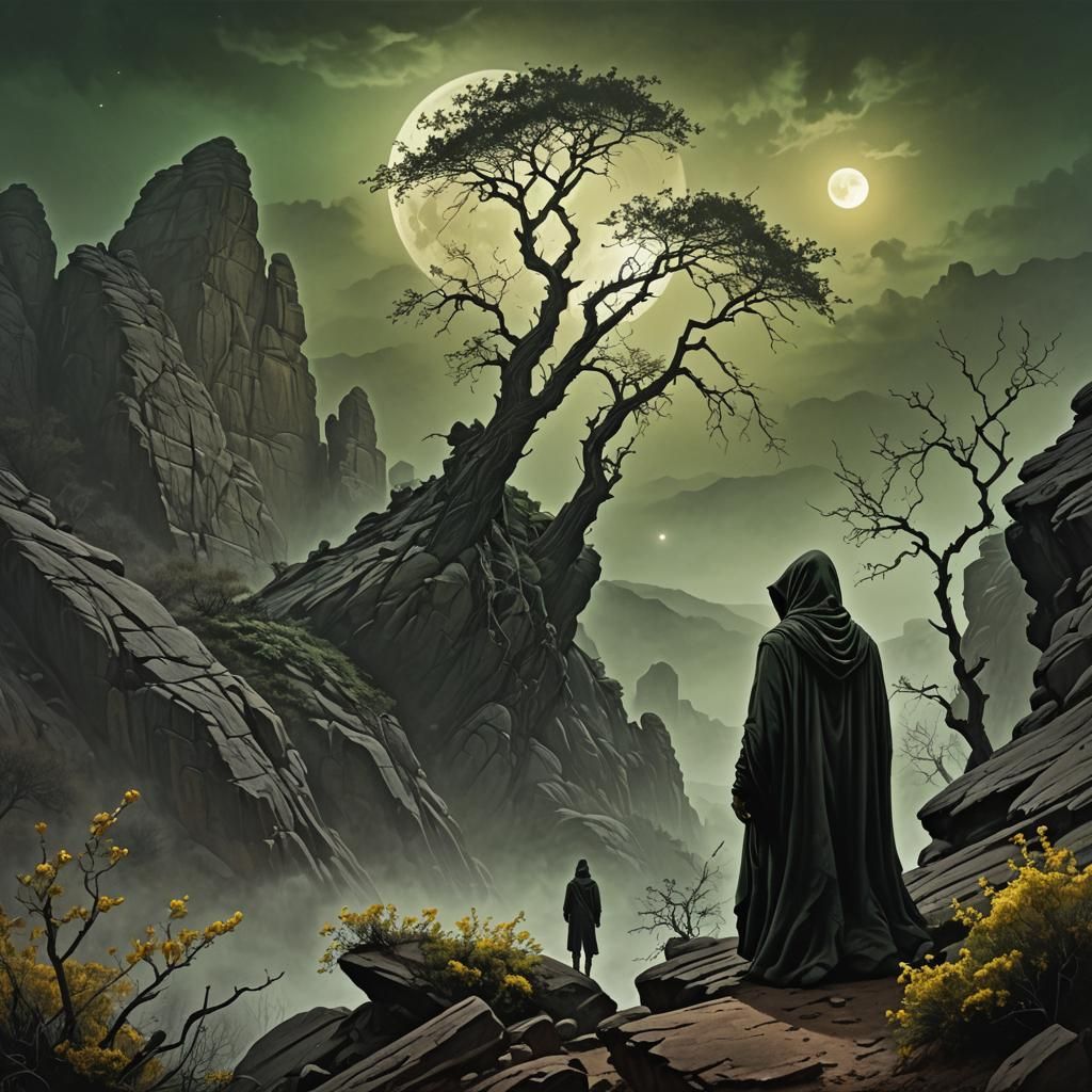 Hooded Figure by Twisted Rock Formation