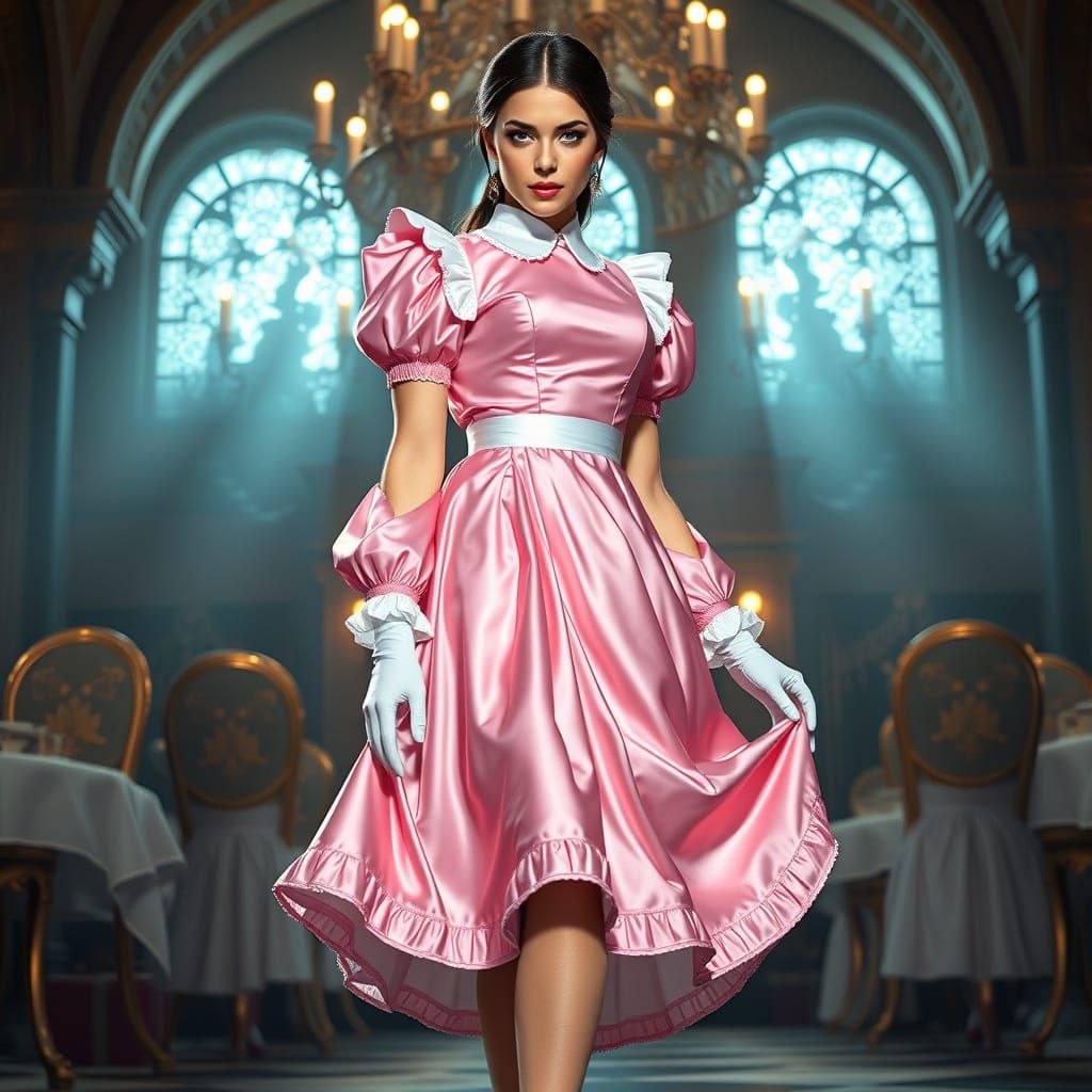 Girl in Pink Satin Maid Uniform Digital Painting