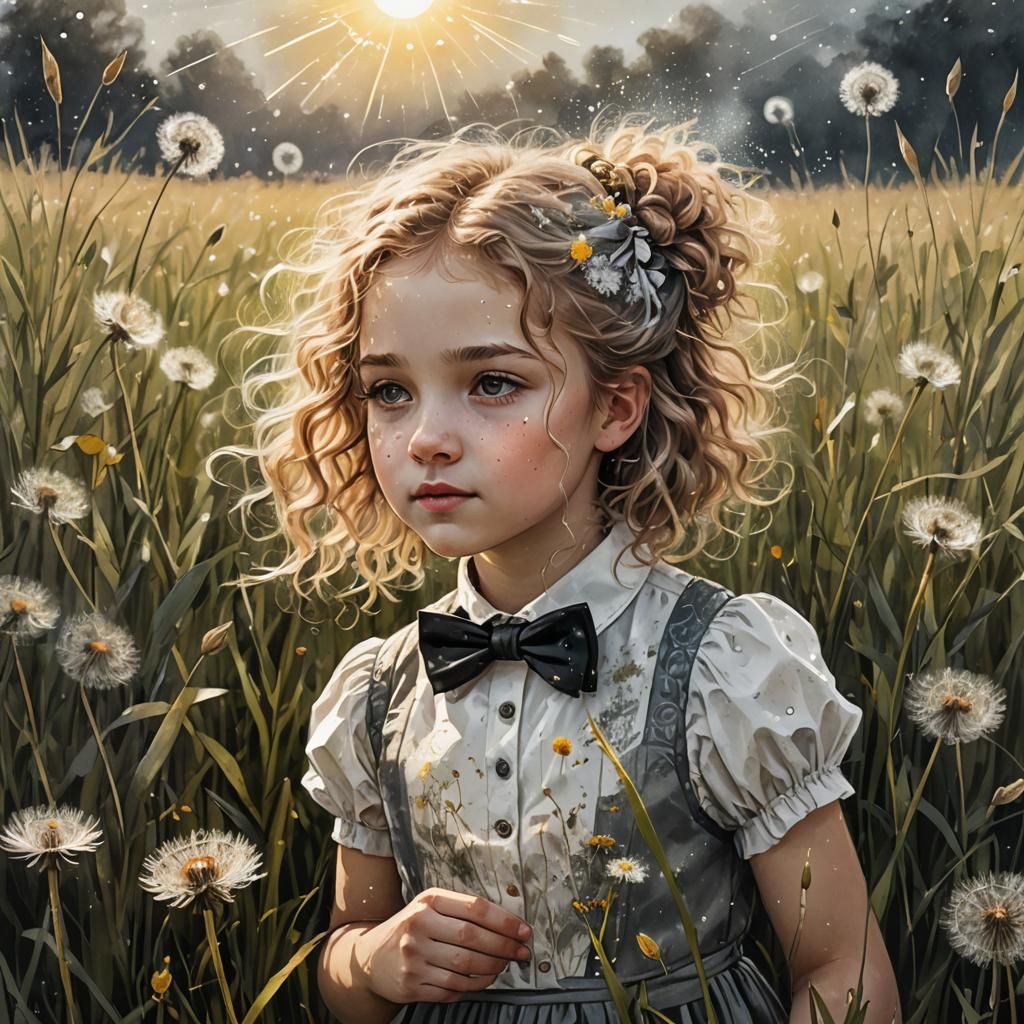 Golden-Haired Girl in Dandelion Meadow: Mixed Media Art