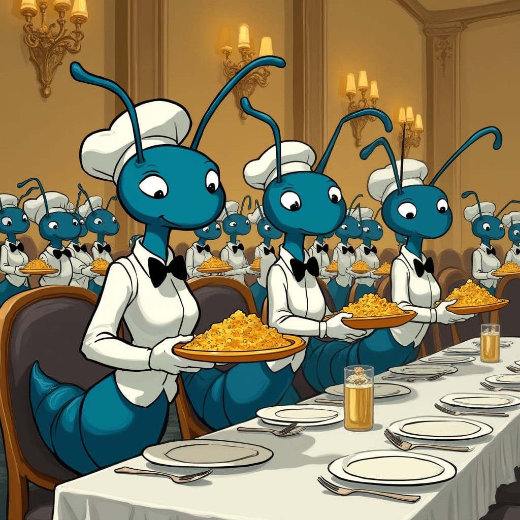 Anthropomorphic Blue Ants Serve Crumbs in Cartoon Style