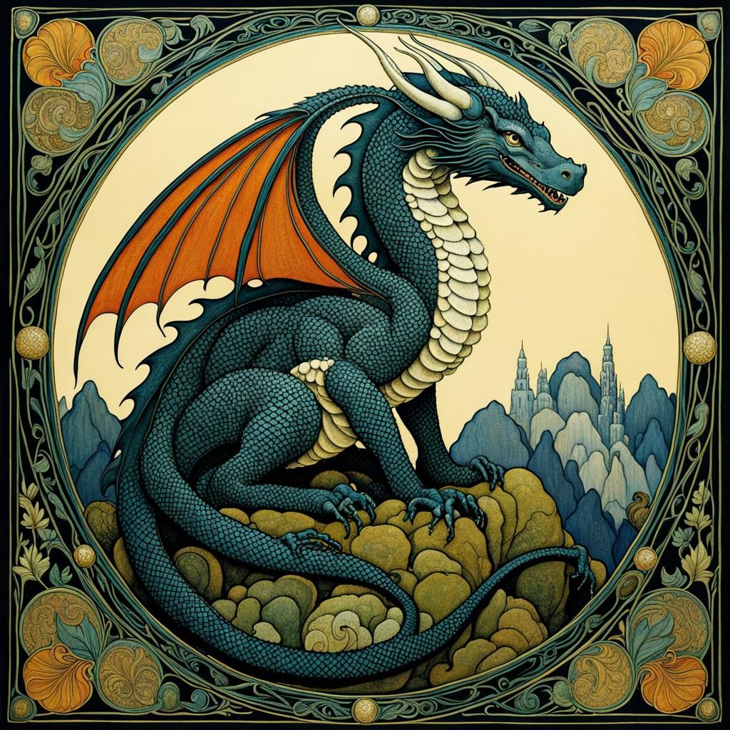 Friendly Dragon in Art Nouveau Patchwork Style