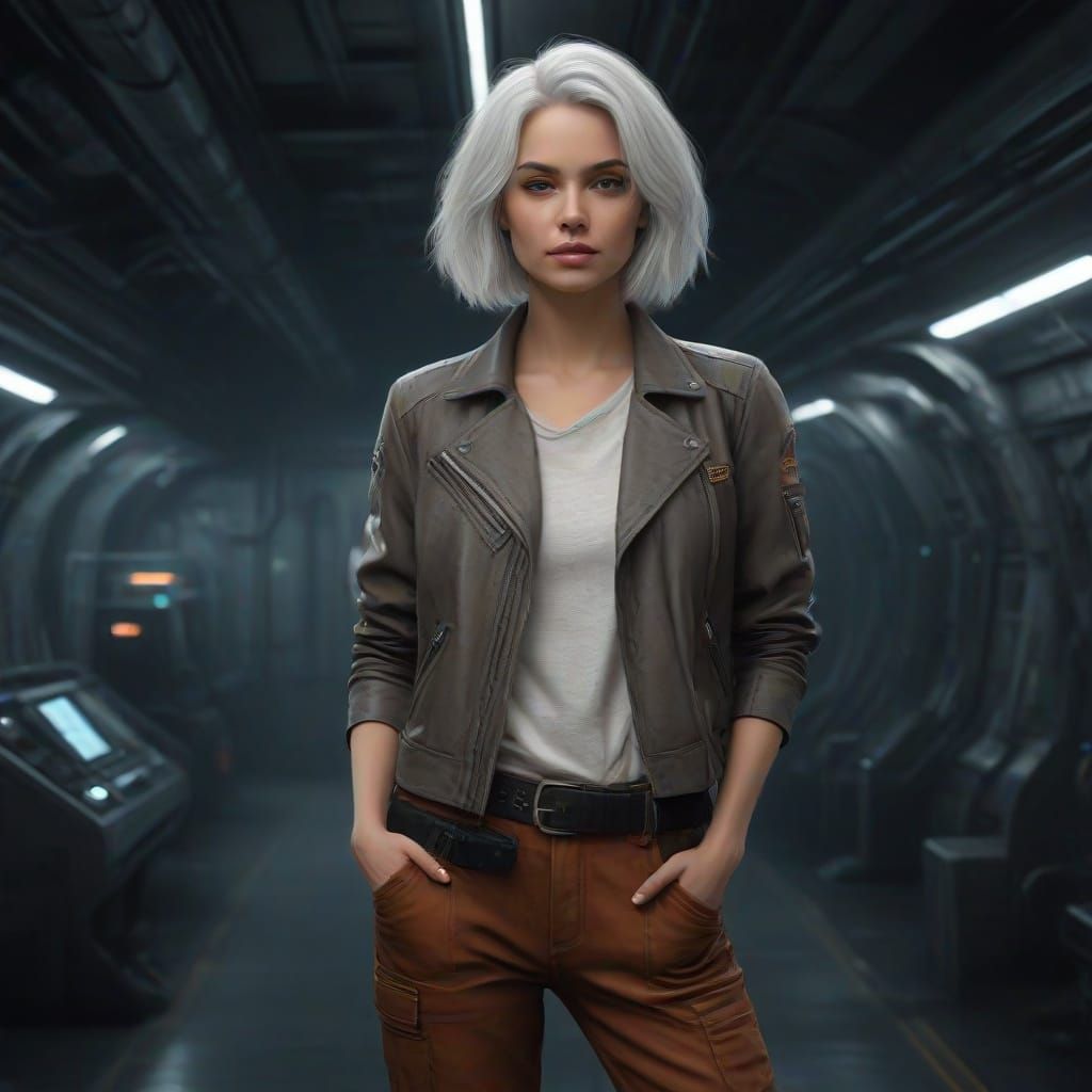 Futuristic Bounty Hunter Stands Confidently Aboard Industria...