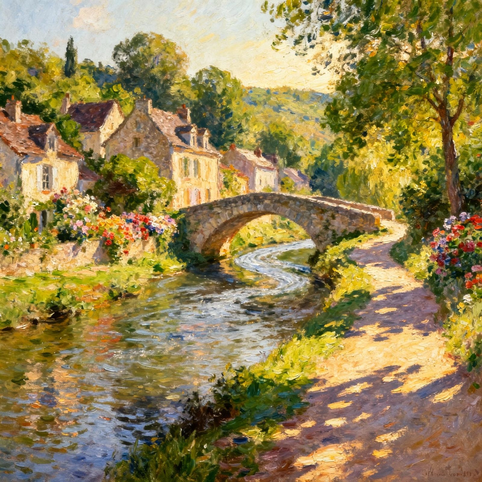 Idyllic Village by River with Stone Bridge in Impressionist ...
