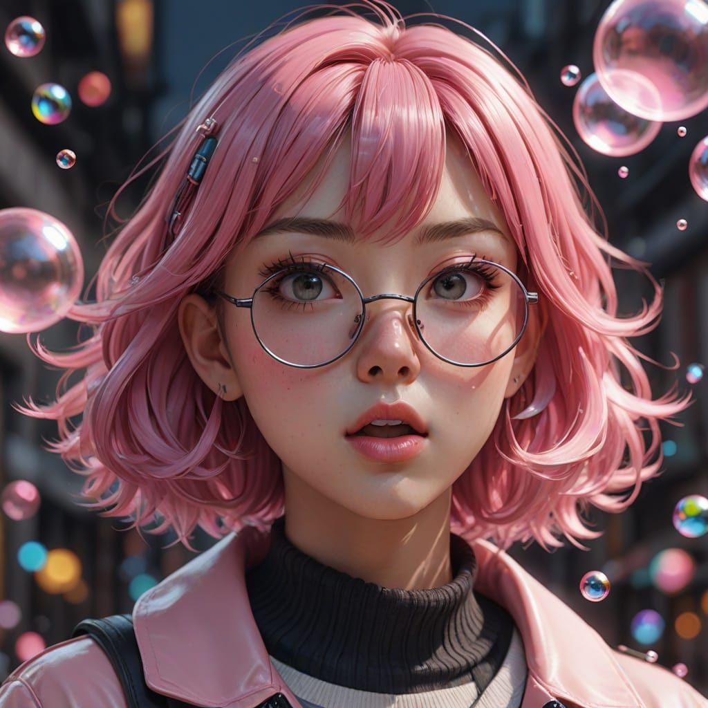 Adorable Girl Blows Vibrant Pink Bubble