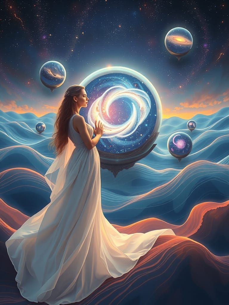 Ethereal Goddess Contemplates Celestial Wonders in a Galaxy-...