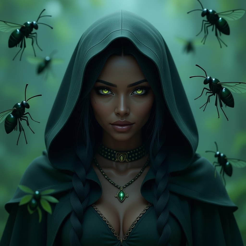 Evil African American Druid With Glowing Eyes and Insects