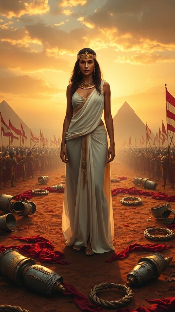 Egyptian Goddess Empress Amidst Battle Ruins