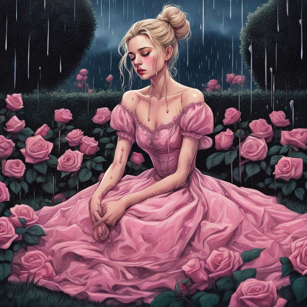 Sad Woman in Rose Garden at Night