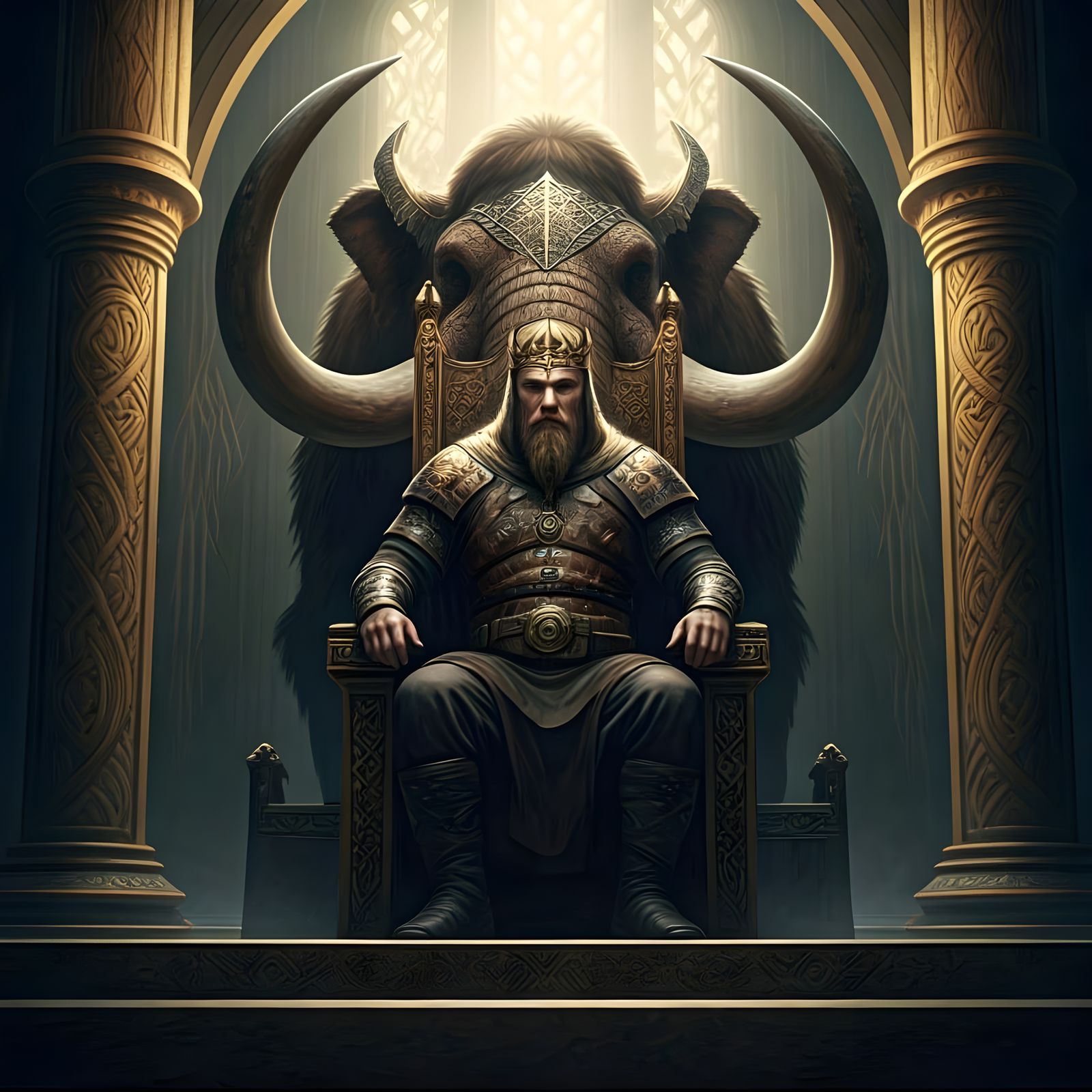 Viking King on Throne with Armored Mammoth