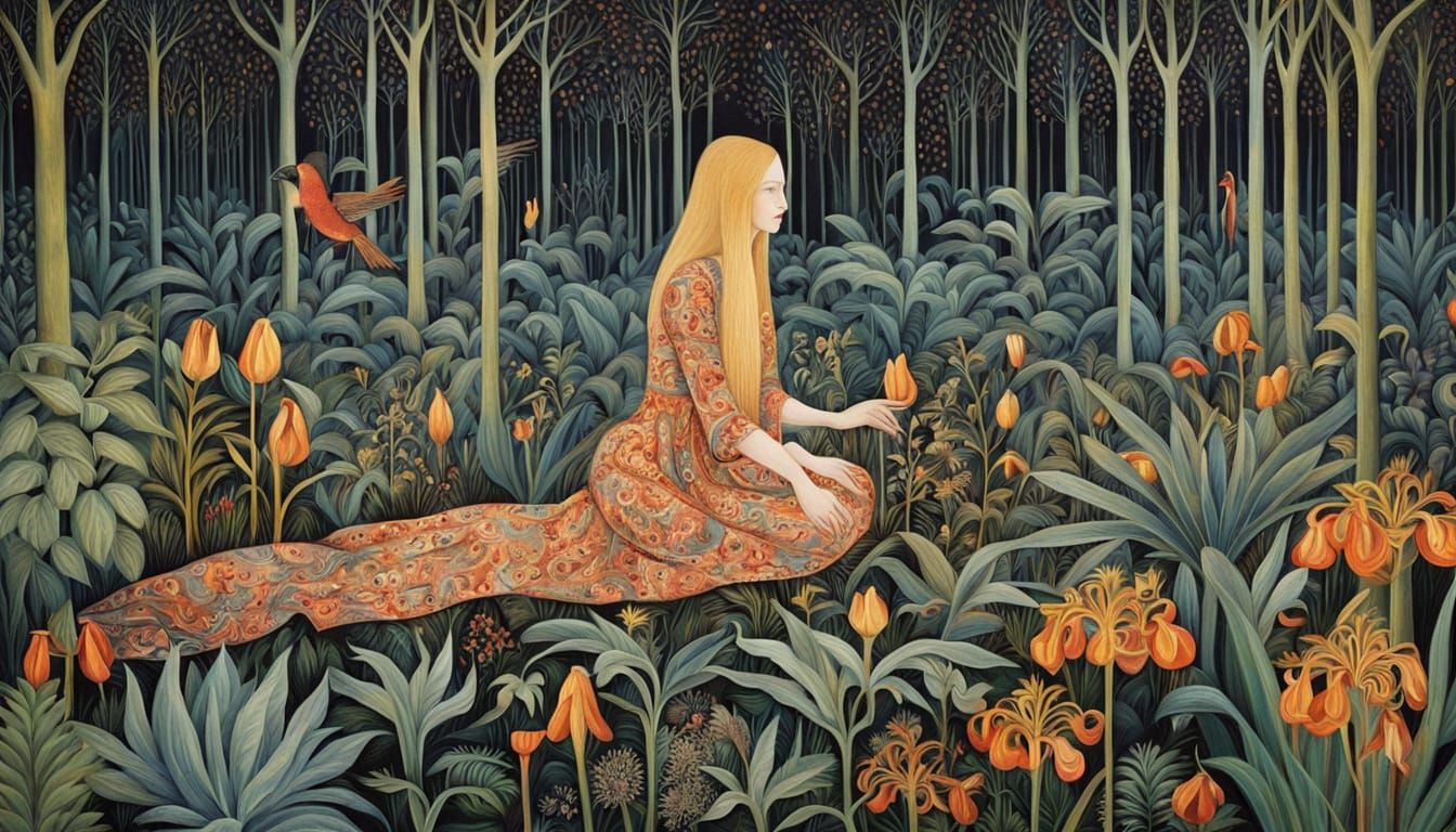 Serene Woman in Lush Fritillaria Landscape